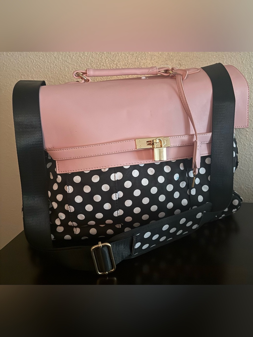 15.6” Pink Polka Dot Laptop Briefcase Messenger Bag USB Work Travel Office Tote - Picture 3 of 7